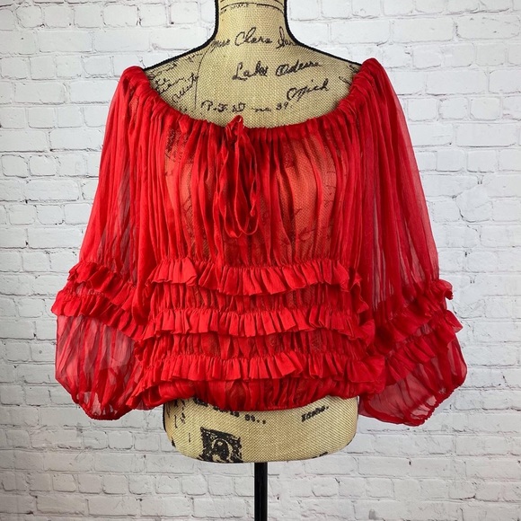 Tops - Ciel Semi Sheer Red Ruffle Balloon Sleeve Top